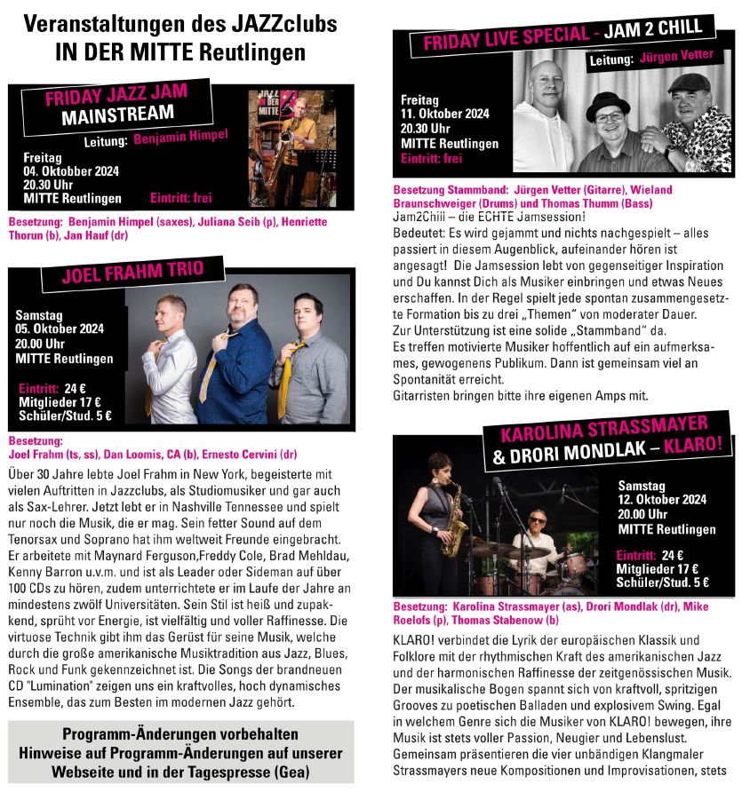 Jazz in der Mitte Reutlingen Programm Oktober 2024