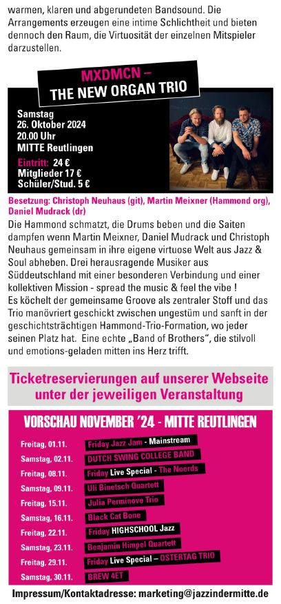 Jazz in der Mitte Reutlingen Programm Oktober 2024