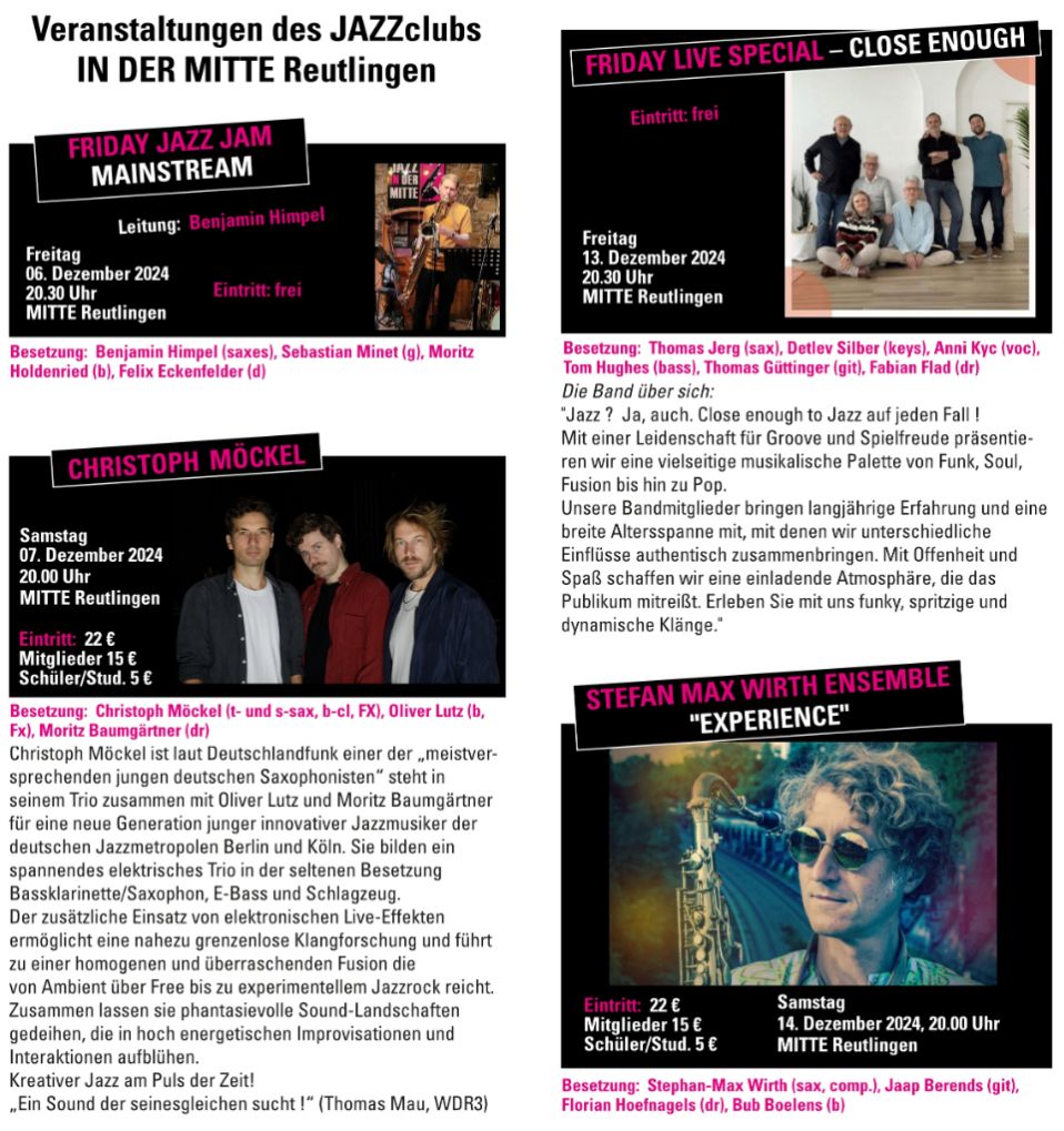 Jazz in der Mitte Reutlingen Programm Dezember 2024