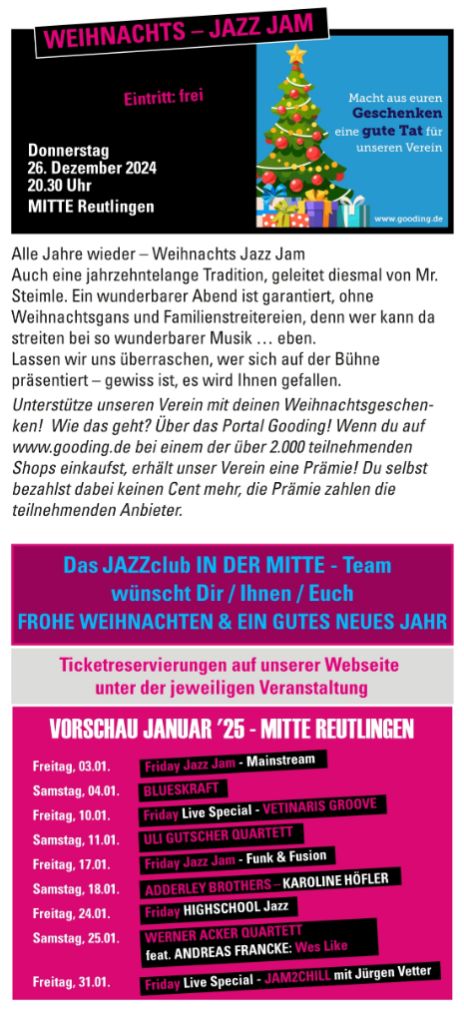 Jazz in der Mitte Reutlingen Programm Dezember 2024