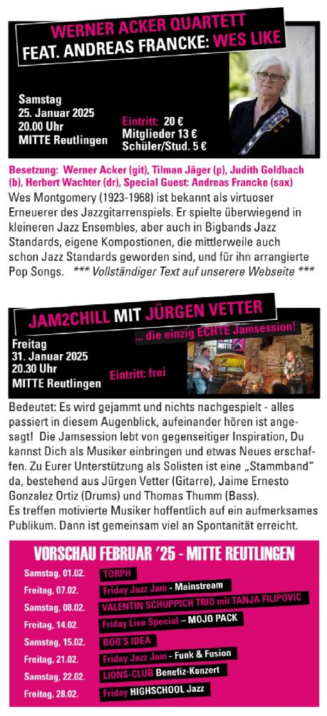 Jazz in der Mitte Reutlingen Programm Januar 2025