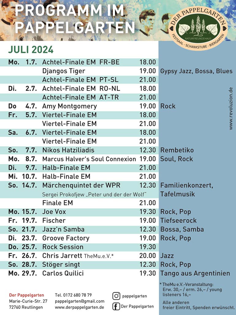 Pappelgarten Reutlingen Programm Juli 2024