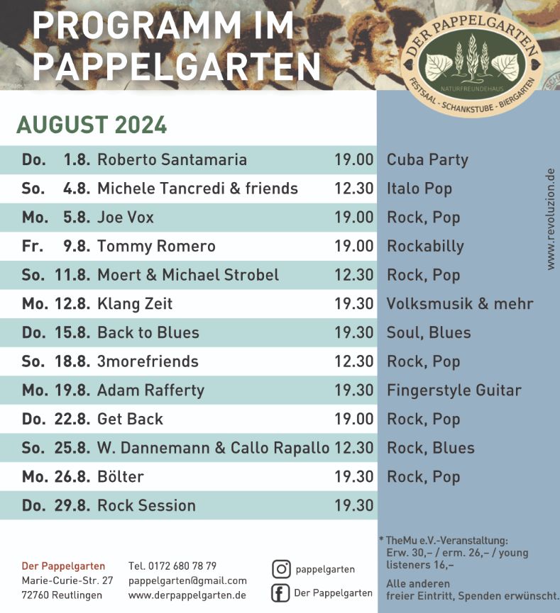 Pappelgarten Reutlingen Programm August 2024