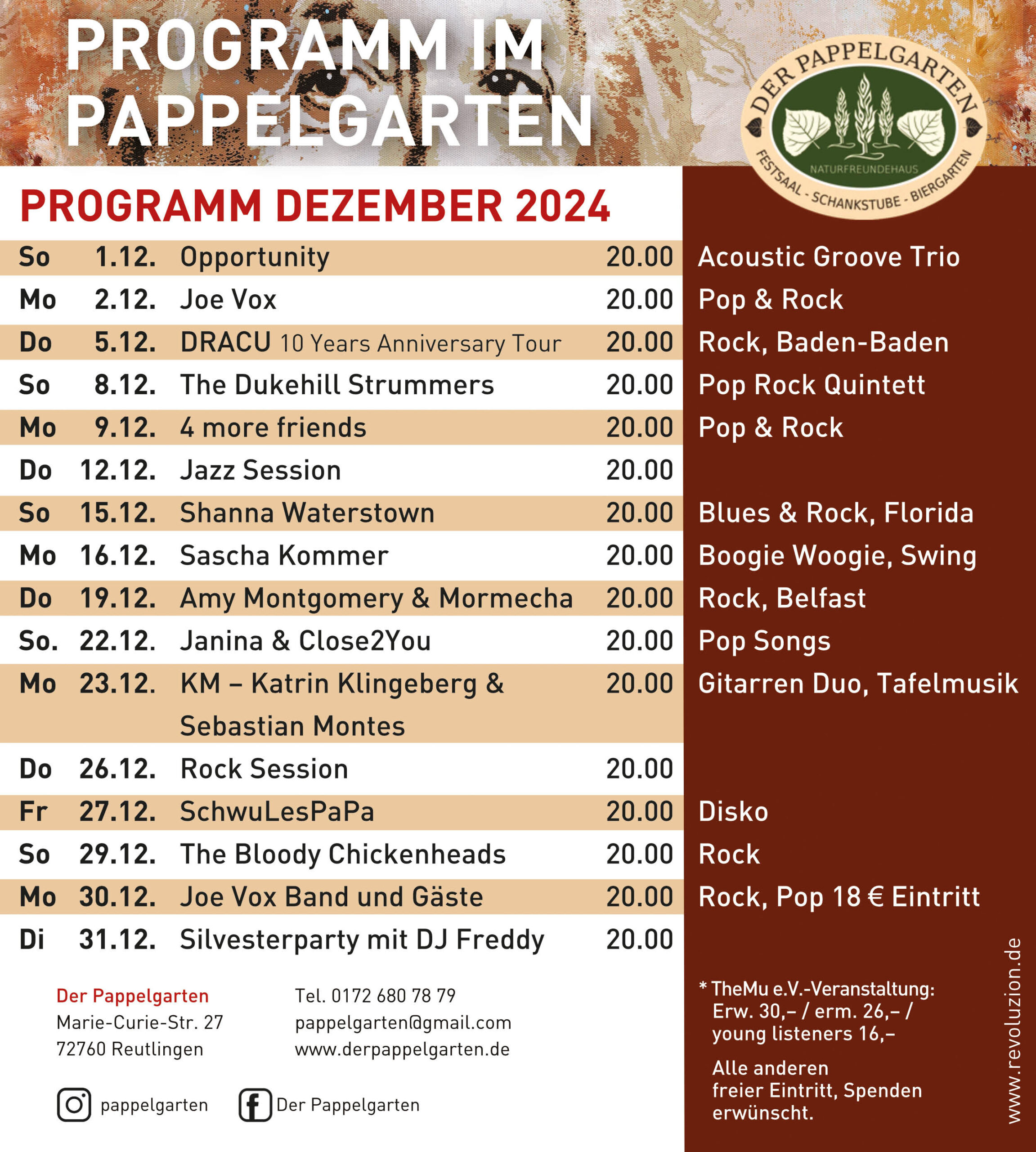 Pappelgarten Reutlingen Programm Dezember 2024