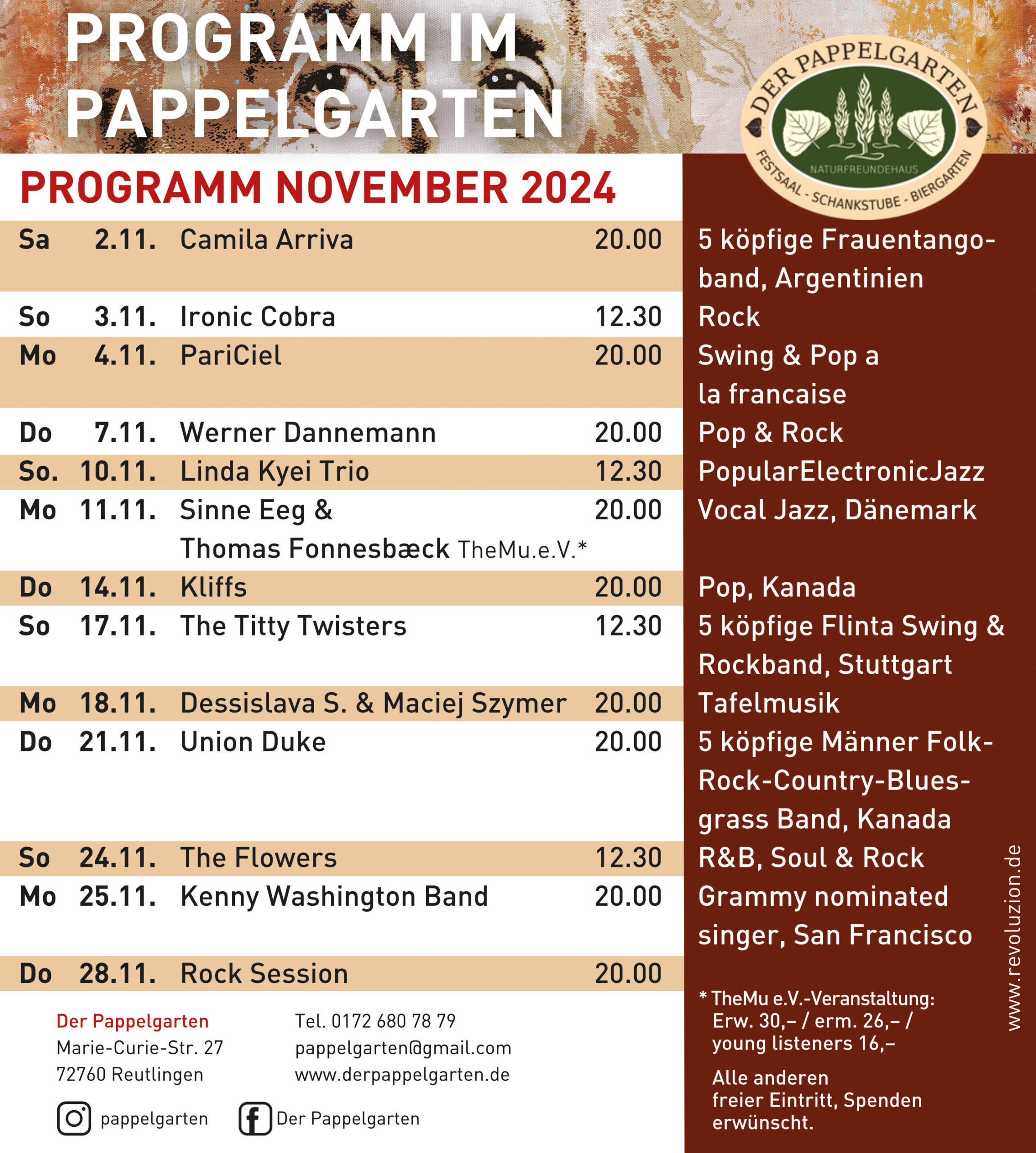 Pappelgarten Reutlingen Programm November 2024